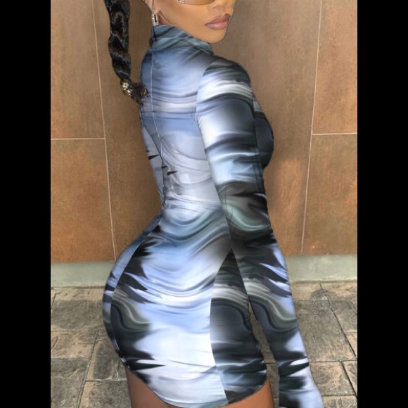 💗RARE Gradient Marble Style Print Long Sleeves Front Zipper Sexy Mini Dress - Picture 5 of 5